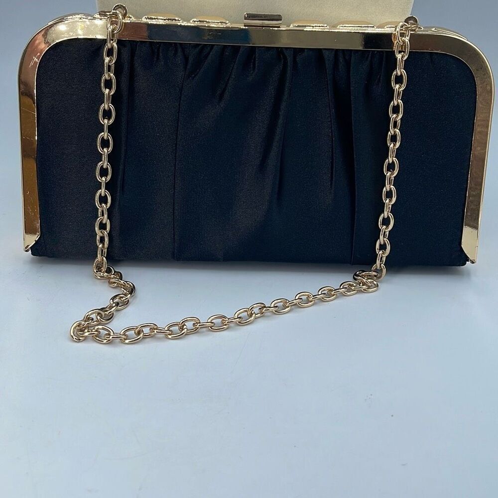 Kate Landry black Satin gold tone clutch, shoulder or crossbody bag.